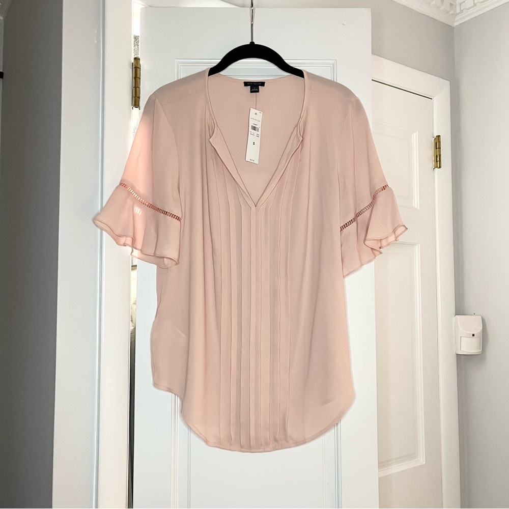 Ann Taylor Pink Flutter Sleeve Blouse with Ruffled Pleats